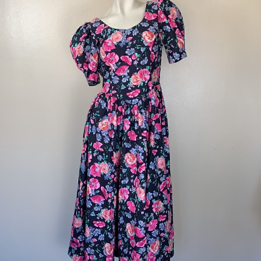 Laura Ashley Floral Midi Dress Puff Sleeves bow & Open plunging Back sz 10 prom - Picture 12 of 16